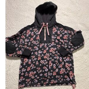 FatFace Floral Hoodie Women USA 4 Black Pink Quarter Zip Pullover Cotton FF